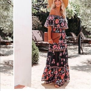 Montecito floral off the shoulder dress.